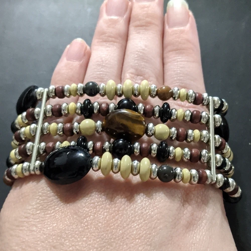 𝅺Silver Tone Black Brown Tan Tigerseye Beaded Multi Strand Statement Bracelet
